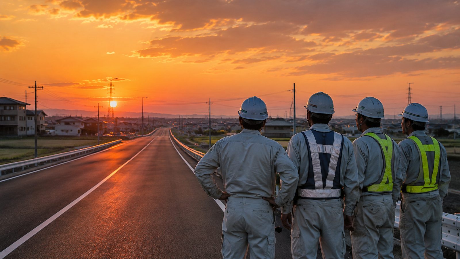 夕暮れの現場に立つ社員