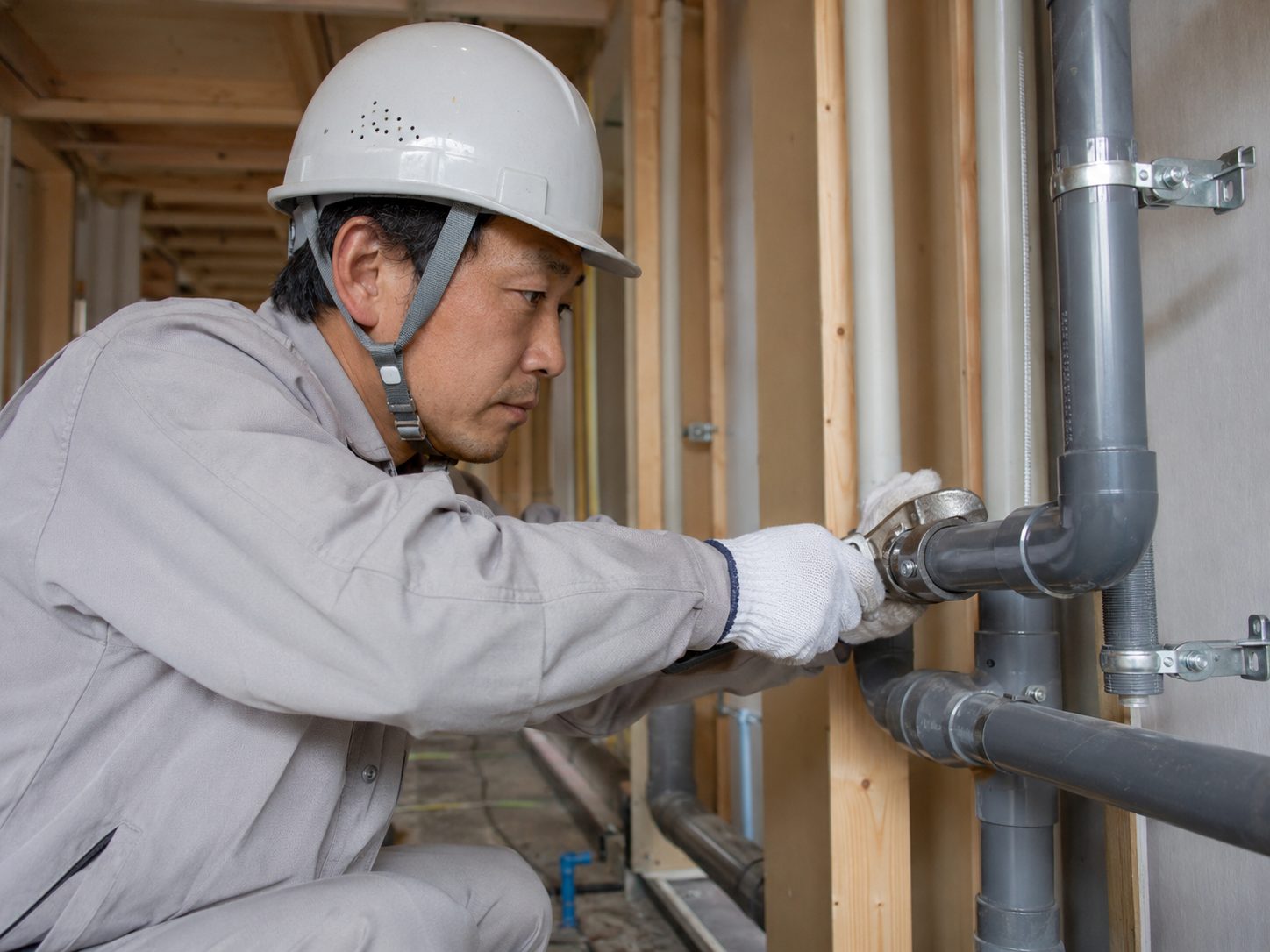 配管作業をする中堅社員