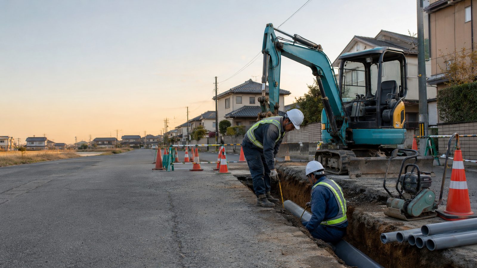 住宅街での上下水道工事