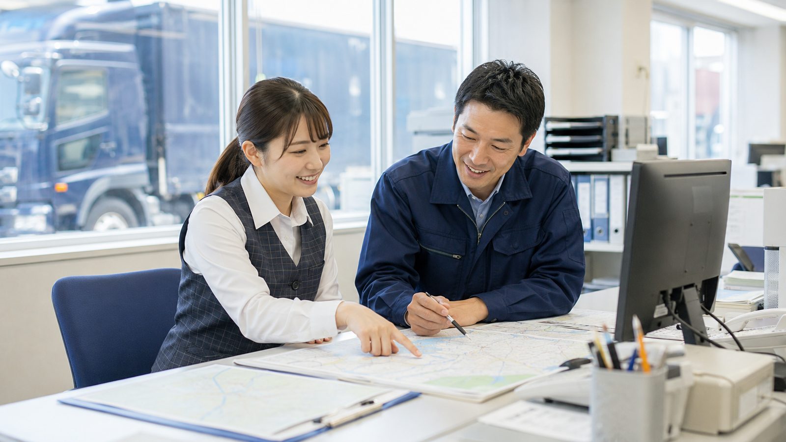 配車室での打ち合わせ