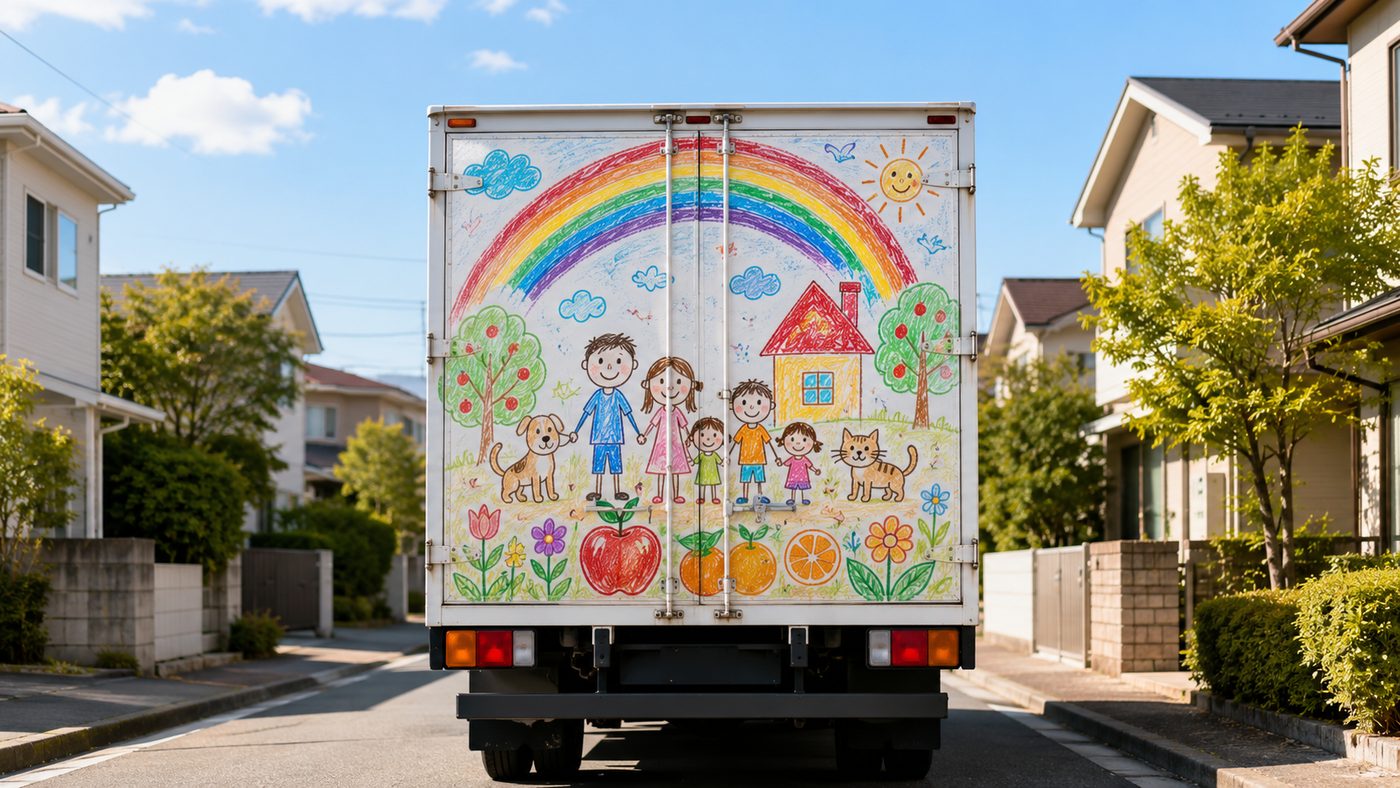子どもの絵をラッピングしたトラック