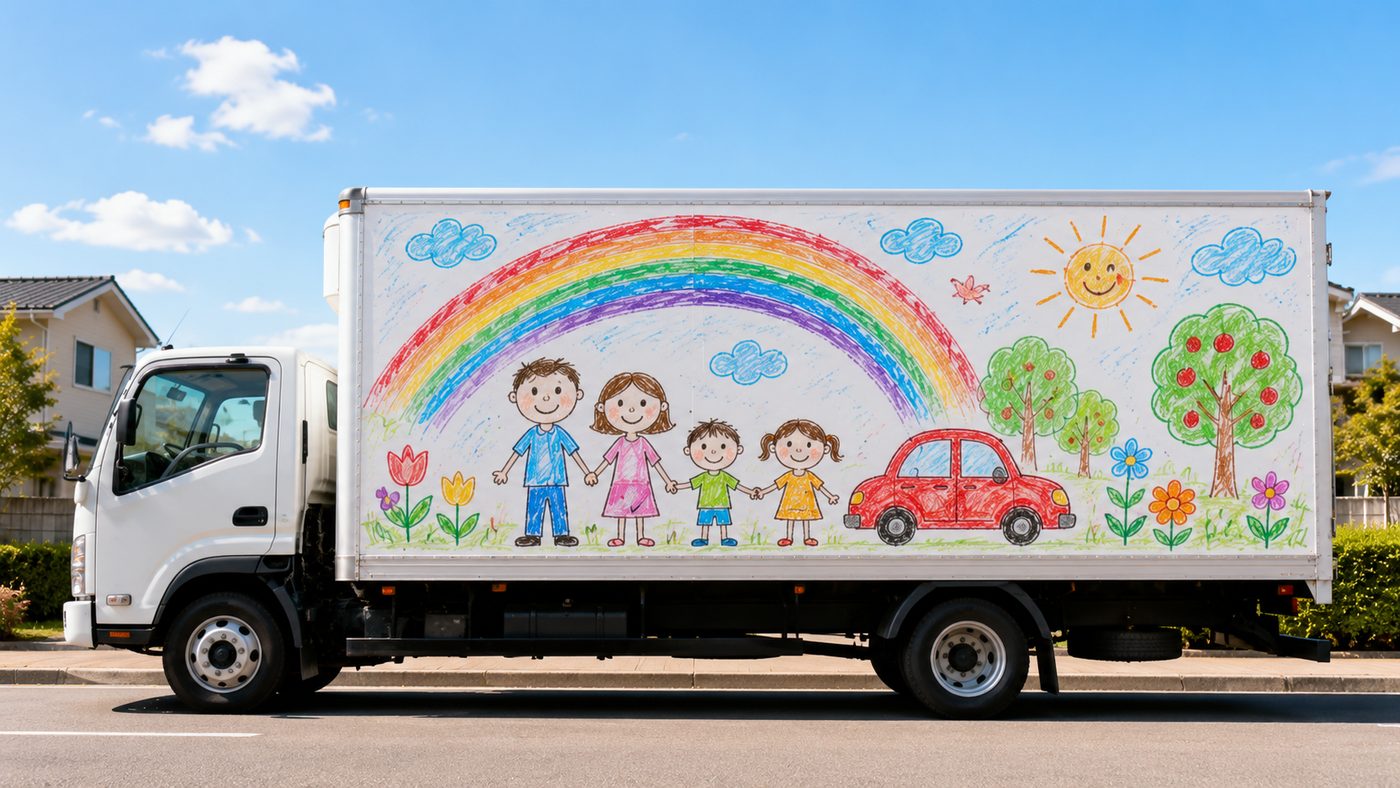 子どもの絵をラッピングしたトラック